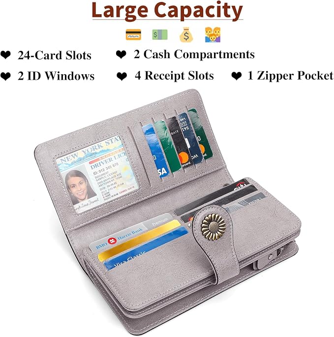 SENDEFN Wallets for Women Leather Credit Card Holder with RFID Blocking Large Capacity Wristlet | with RFID Blocking