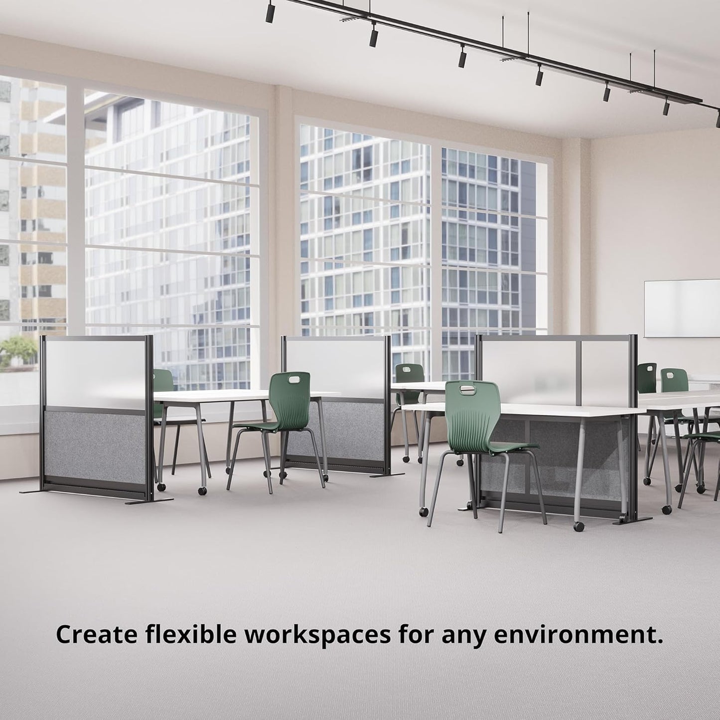 Stand Up Desk Store Workflow Wide Modular Wall | 53'' x 70'' Wall | Expandable Partition Room Divider with Rearrangeable Frosted Acrylic, Sound Absorbent and Whiteboard Panels (Black Frame)