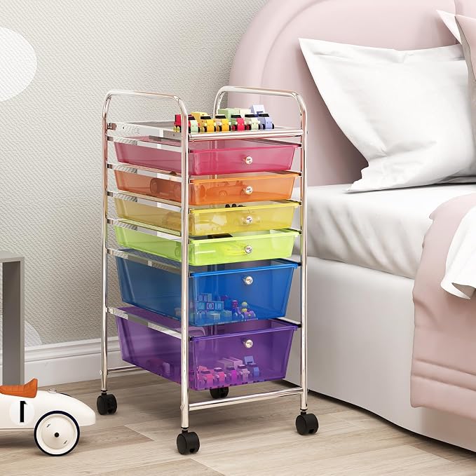 COSTWAY 6-Drawer Rolling Storage Cart, Art Craft Tools Organizer on Wheels | Multifunctional Heavy Duty Utility Mobile Storage Trolley w/ 2 Lockable Wheels for Home Office School (Rainbow)