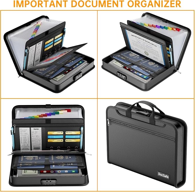 DocSafe 5200°F Accordion File Organizer with Lock,Fireproof Water Resistant Expanding File Folder with Multi Pockets,Document Organizer Home Office Travel Safe Storage for Letter Size Files,Black