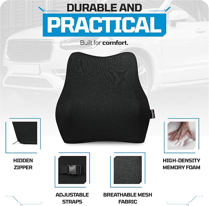 FORTEM Lumbar Support Car Cushion, Memory Foam Back Pillow, Back Rest for Comfort Driving, Adjustable Straps, Washable Cover
