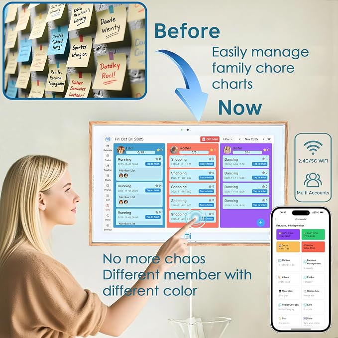 15.6" Digital Wall Calendar No Monthly Fee Family Hub Touchscreen | Multi-calendar Merger Smart Ambient Brightness Large Recipe Library