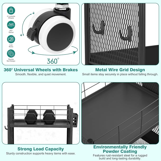 3 Tier Rolling Storage Cart Metal Utility Cart with Wheels | Office Organizer with Hooks & Hanging Cups, Mobile Shelving Unit for Kitchen Nursery Craft Snack Book
