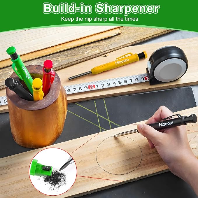 Hiboom 3 Pack Carpenter Pencil with 24 Refills Built In Sharpener,Black | Concrete Wood Metal, Deep Marking, Multi-Color Refills, 2.8mm Lead, Construction Work, Waterproof, Carpenter Builder DIY