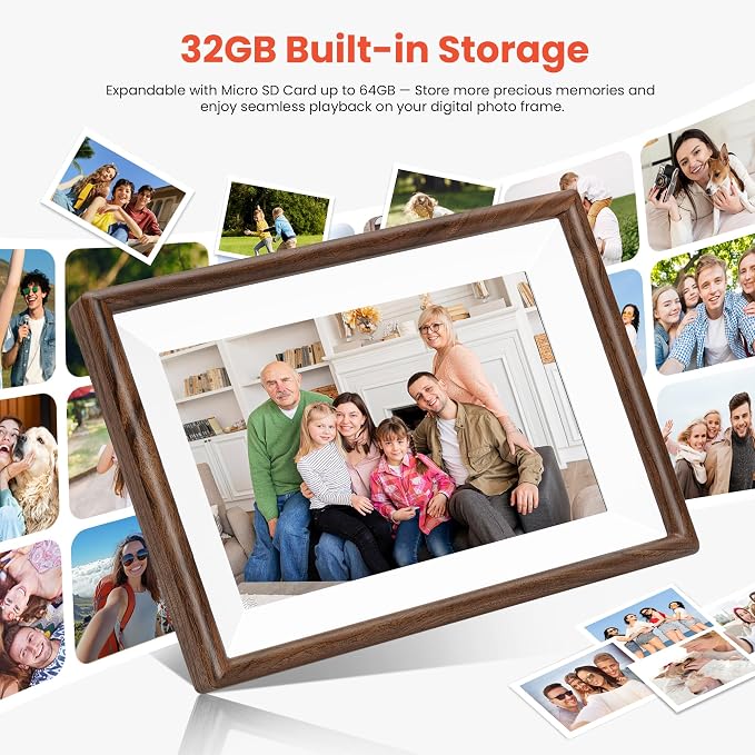 Frameo 10.1" Smart Digital Picture Frame with Walnut Moulding, 16:9 1280p HD IPS Touchscreen Display, 32GB Storage, MicroSD Slot, Plug-in Power, Easy Wireless Photo & Video Sharing, Idea