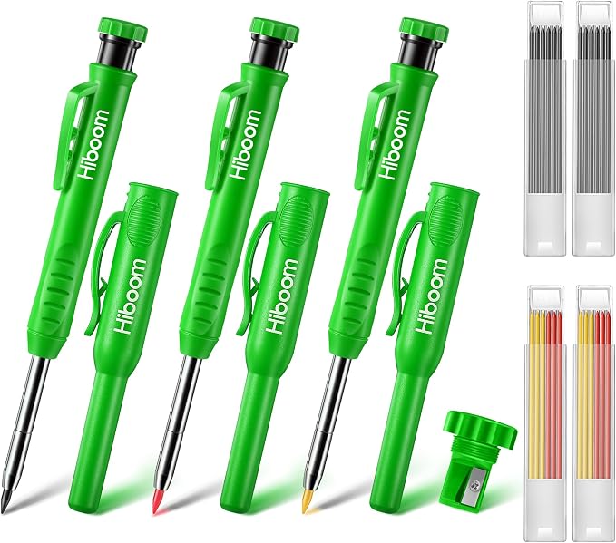 Hiboom 3 Pack Carpenter Pencil with 24 Refills Built In Sharpener,Green | Concrete Wood Metal, Deep Marking, Multi-Color Refills, 2.8mm Lead, Construction Work, Waterproof, Carpenter Builder DIY