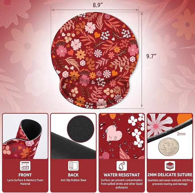 KONVINIT Ergonomic Mouse Pad with Wrist Rest, Small Mousepad with Non-Slip Rubber Base and Smooth Surface, Red Mouse Pads for Desk, Office Desk Accessories