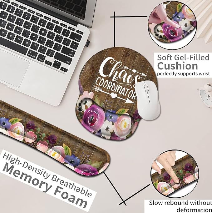 Mouse Pad Wrist Guard and Keyboard Wrist Rest ,Office Desk Accessories, Office Decor for Women, Office Gifts, Desk Decor, Chaos Coordinator Quotes Vintage Watercolor Floral Mouse Pad