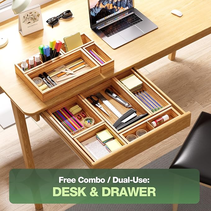 9-Pack Solid Wood Drawer Organizer, Modular Junk Drawer Organizer with Non-Slip Pad, Multi-Use Storage for Kitchen Office Bedroom Dresser for Utensil Stationery Makeup Stationery Tea & Coffee Pod