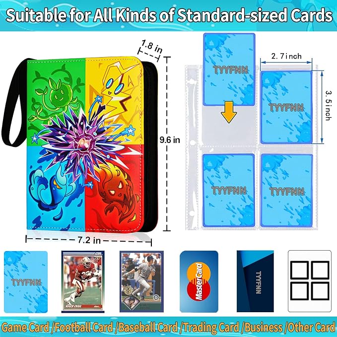 4 Pocket Card Binder for Cards, Trading Card Binder Fits 400 Cards with 50 Removable Sleeves, Zipper Card Holder Case Album Book for Boys Girls
