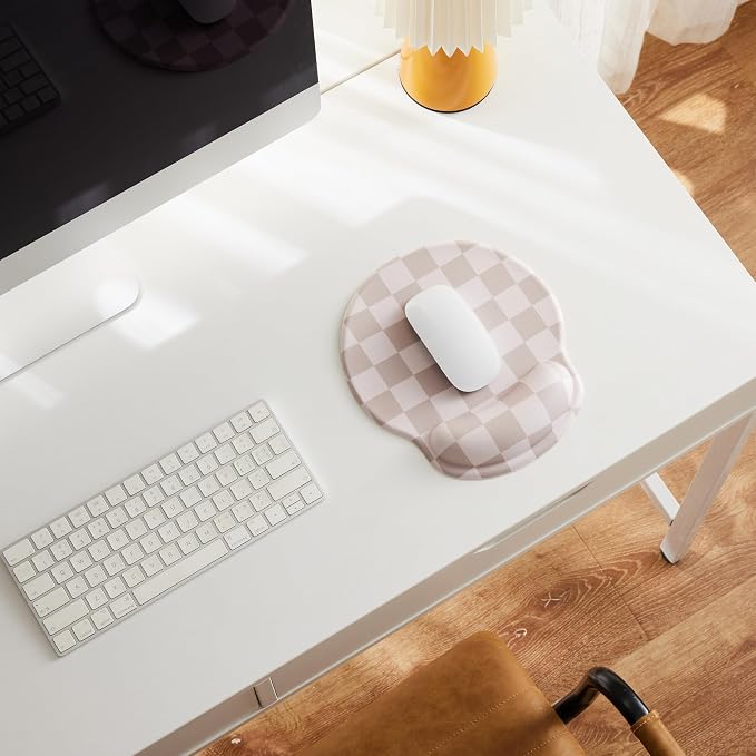 Ohocut Beige Khaki Checkered Mouse Pad with Gel Wrist Rest, Wrist Support, Ergonomic Desk Accessories for Women, Office Laptop Gaming Decor, Cute Aesthetic Check Design