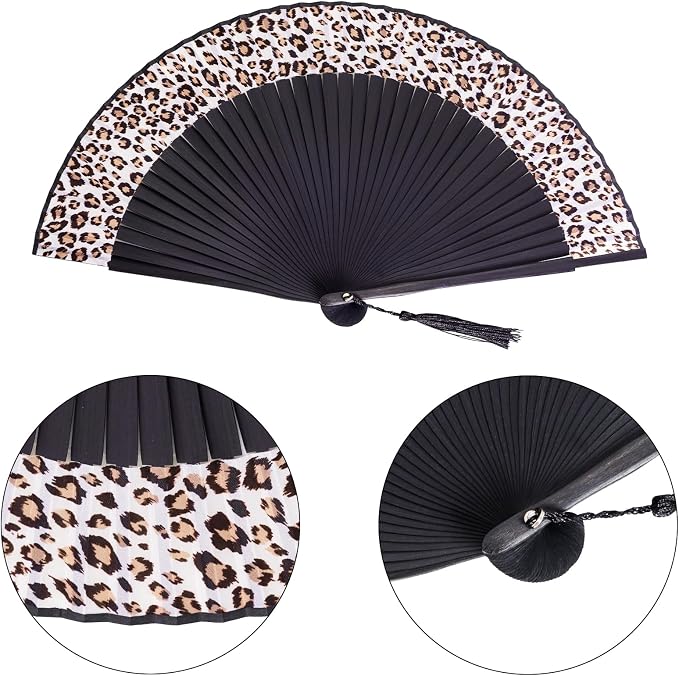 Wobe Hand Held Bamboo Silk Folding Fan, Chinese Japanese Handheld Fan with Tassel Wooden Charming Elegant Vintage Retro Style for Women Ladys Girls Dance Party Home Decorations (Leopard)