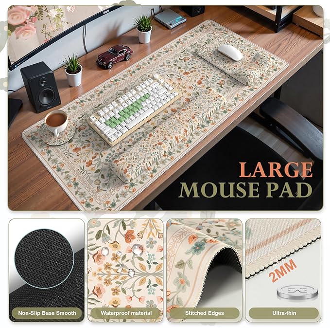 iCasso Mouse Pad with Wrist Rest,Ergonomic Large Desk Mat Set, Beige | Keyboard Pad with Wrist Support, Non-Slip Mouse Mat for Women, Cute Floral Computer Mat for Home Office Gaming