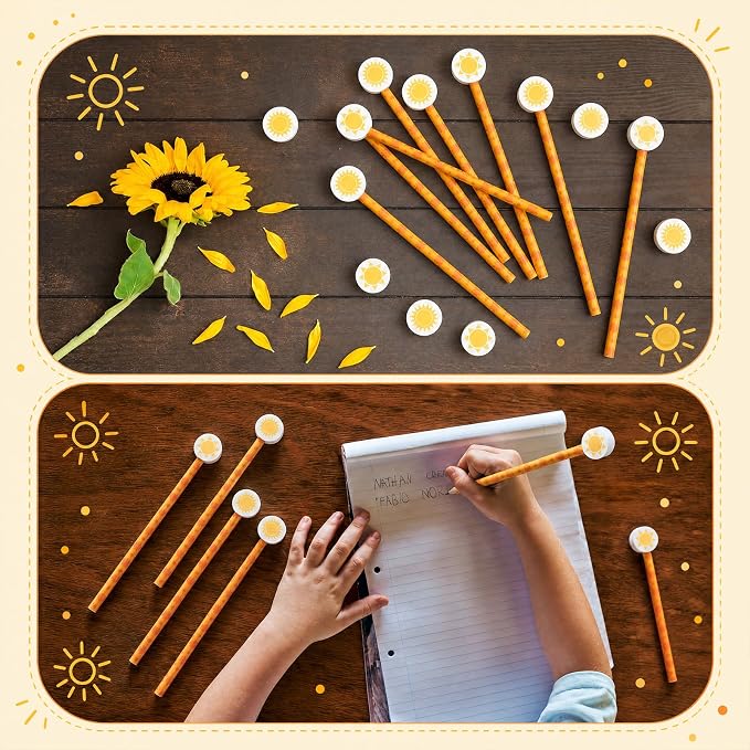 32 Pcs Sun Pencil with Eraser Summer Party Favors Gifts Stationery Supplies for Classrooms Exchange Reward Prizes Home Office School Supplies(Orange and Yellow)