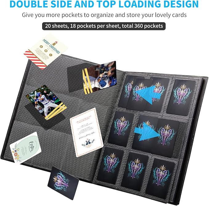 Card Binder, 360 Pockets Upgraded Trading Card Binders, Cards Collection Binder 9 Pocket, Side Loading Yugioh Binder Book Holder for MTG, TCG, Sport, Football, Baseball Collector Cards - Black