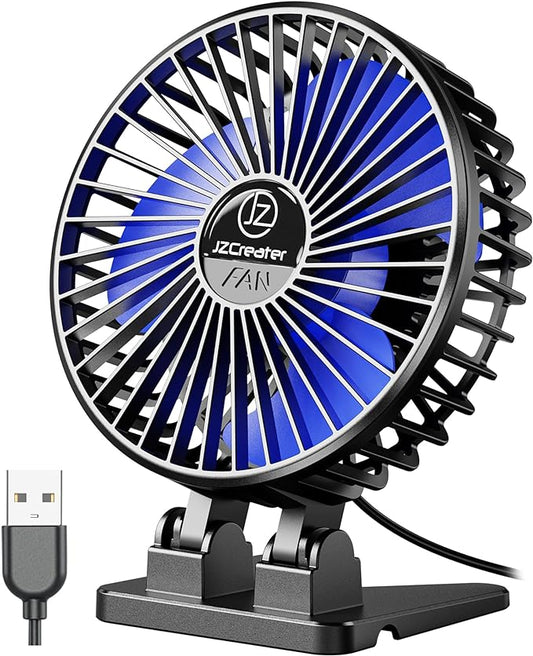 JZCreater USB Desk Fan, Mini Portable Fans, 3 Speeds Desktop Table Cooling Fan, Plug in Power, Rotation Strong Wind, Quiet Personal Small for Home Office Travel Bedroom, Black Blue