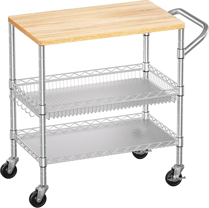 3 Tier Rolling Kitchen Carts with Wheels, Heavy Duty Rolling Utility Cart with Wood Tabletop, Commercial Grade Metal Cart with Handle and Hooks, NSF Storage Serving Island Carts, Light Wood+Metal