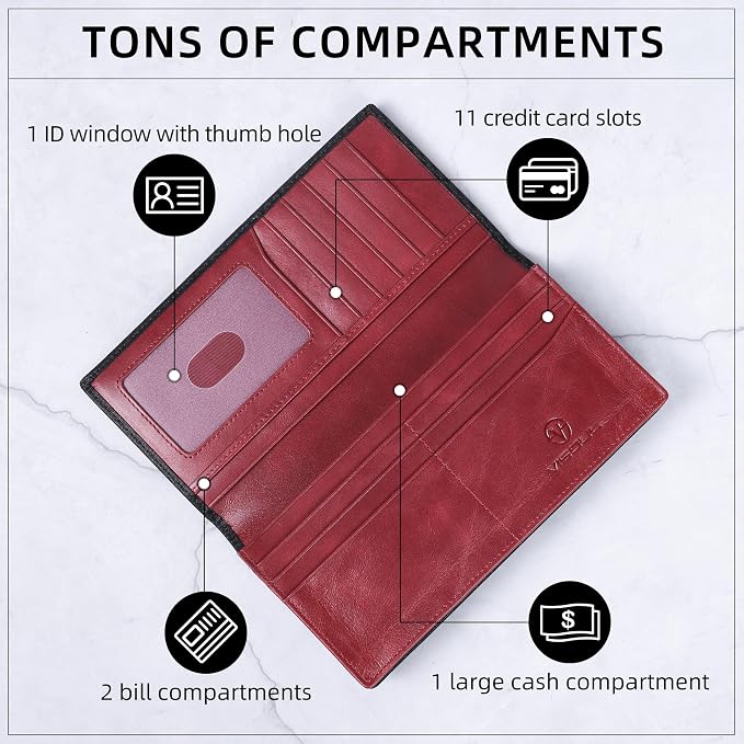 VISOUL Leather Checkbook Cover Wallet for Men with RFID Blocking, Mens Long Bifold Cash Tall Wallet with 11 Credit Card Slots 1 ID Window (Black+Burgundy)