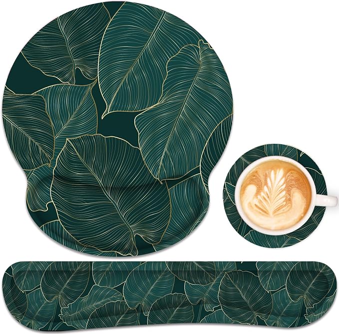Ergonomic Mouse Pad with Wrist Rest and Keyboard Wrist Rest, Mousepad | Memory Foam Wrist Rest for Computer Keyboard, Pain Relief, Non-Slip Base, Mouse Pad Wrist Support for Gaming, Green Palm Leaf
