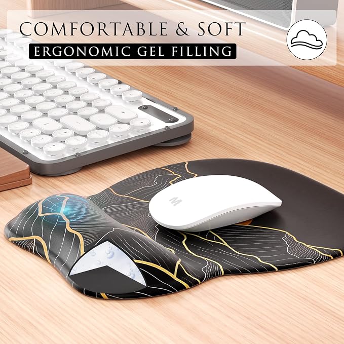 MROCO Ergonomic Mouse Pad with Gel Wrist Rest, 9.4 x 8.1 in, Golden Rise | Ergonomic Shape Design, Multiple Pattern Options, Gel Wrist Comfort, Smooth Lycra Surface, Non-Slip PU Base