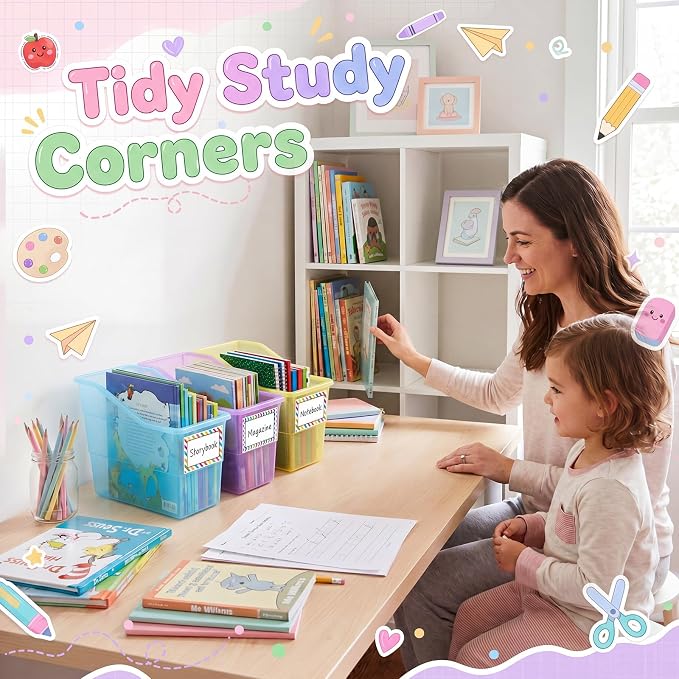 Blosssound 24 Set Book Bins for Classroom Stackable,Translucent Pastel | Plastic Baskets with Labels, Slanted Front, Library Supplies Organizers, Desktop Storage Bins, Teachers Home School Use