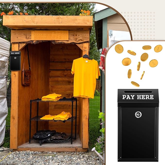 Yaocom Safe Metal Cash Box for Farm Stand – Money Drop and Secure Donation Collection, Wall Mount Lockable Unit with Pre Drilled Holes for Outdoor Self Serve(Black,10.2 x 5.7 x 2.8 Inch)