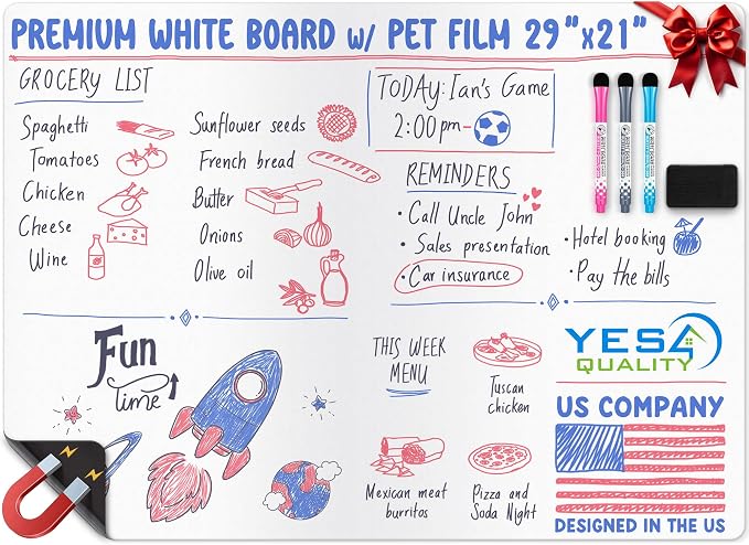 29x21” Magnetic Dry Erase White Board for Fridge w/ 3 Markers & Eraser | Yes4Quality Stain-Resistant Whiteboard Planner Organizer Sheet, Sticks to Most Refrigerators, Colorful Markers, Magnet Eraser