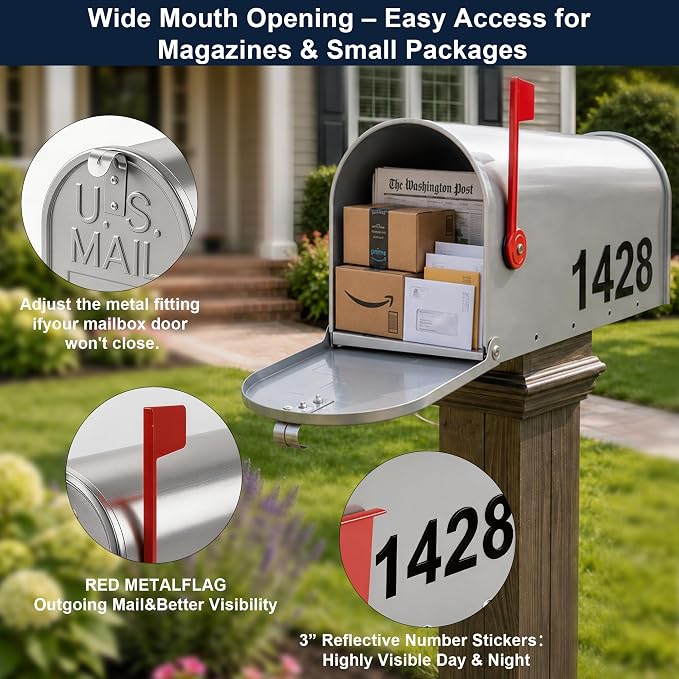 Mailbox for Outside,Metal Post Mount Outdoor MailBoxes - with Tools,Screws,Number Stickers,Red Flag Indicated,Medium Capacity,Galvanized Steel,Waterproof Mail Box for House Outside,20 x 8.7 x 6.7 ”