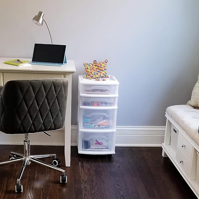 HOMZ Drawer Tower, 4-Tier Storage Cart with Removable Wheels, White Frame | Clear Plastic Rolling Drawers for Desk, Dresser, Cabinet, Bedroom, Bathroom, Classroom & Office