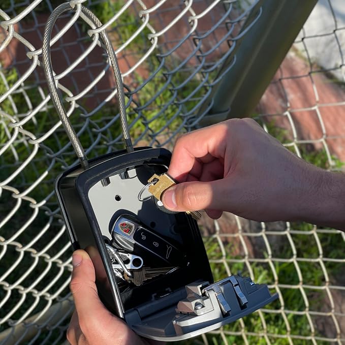 Iron Lock® XXL Portable Key Lock Box, 15in Steel Cable, Code (XXL, Grey) | Holds 20-30 keys + car fobs; unique built-in tray; loops on gate or rail or wall-mounts; resettable code; dial cover