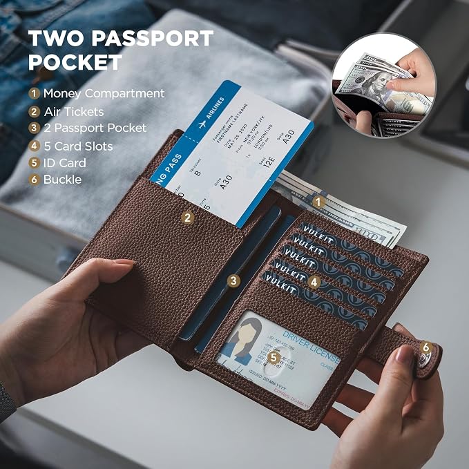 VULKIT Dual Passport Wallet for 2 Passports Airtag Holder RFID Blocking Travel Wallets