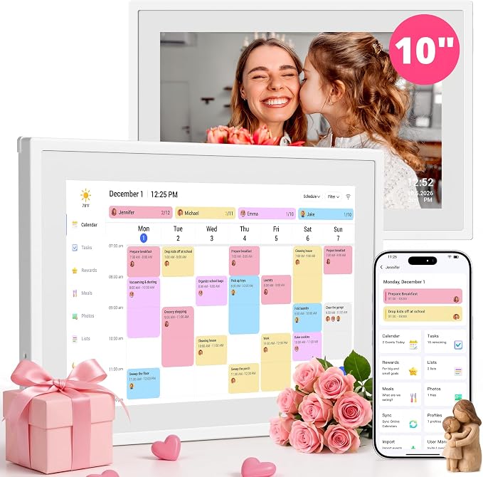 Digital Touchscreen Calendar 10.1 Inch – Interactive Electronic Calendar & Smart Family Hub with Cross-Device Sync, Schedules Reminders, Chore Chart, Rewards & Photo Display, Desk Mount