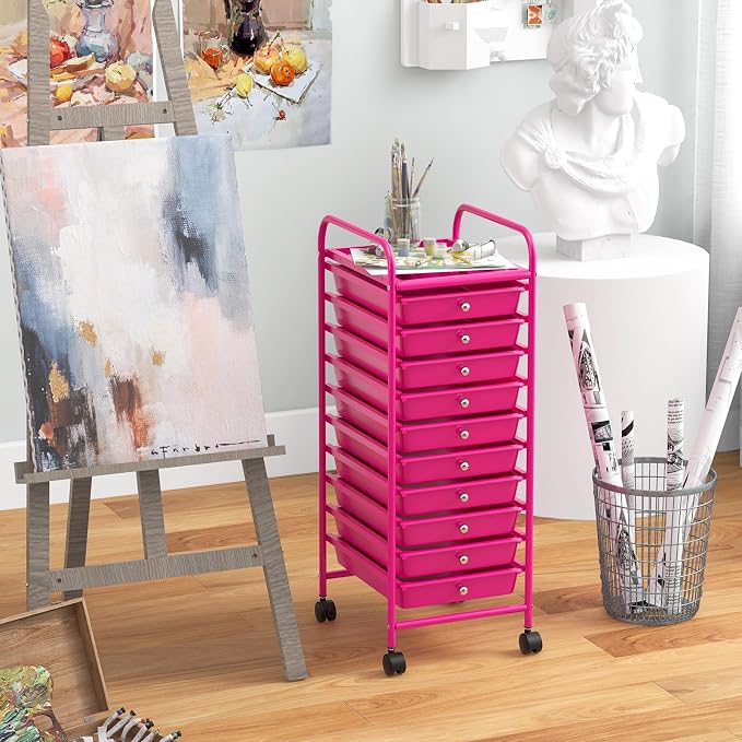 COSTWAY 10-Drawer Rolling Storage Cart, Utility Mobile Trolley | Removable Drawers & Universal Casters & 2 Brakes, Versatile Flexible Drawer Organizer Cart for Home, Office (Hot Pink)
