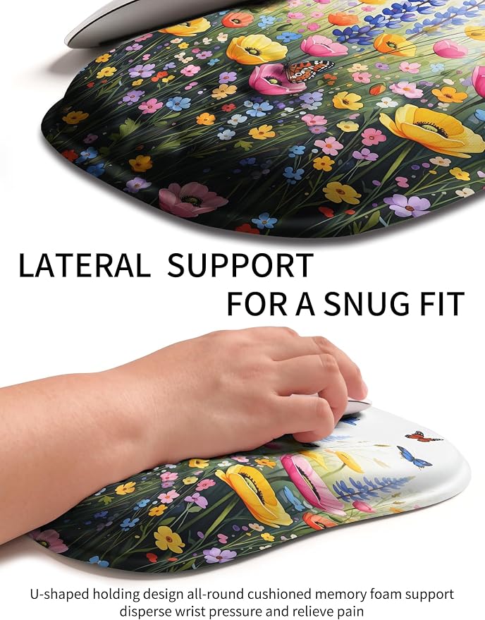 Hokafenle Ergonomic Wrist-Hugging Mouse Pad Wrist Support, U-Shaped Holding Wrist Rest Mousepad for Carpal Tunnel Pain Relief with Cushioned Memory Foam Slope Massage Bulge (10.2x8.3 in,Flowers)