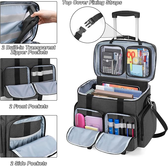 Rolling Teacher Tote Bag with 2 Detachable Pouches for Work, Black | Wheeled Teacher Uility Bag with 15.6" Padded Laptop Sleeve, Large Briefcase with Detachable Trolley for Women