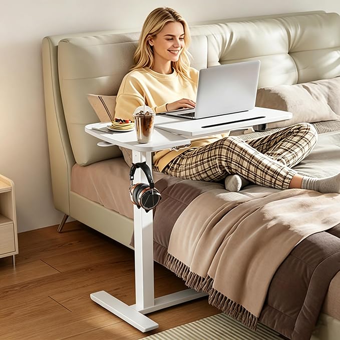 Overbed Table with Wheels, Pneumatic Height and Tilting Desktop | Top Tilts 0-60° with Anti-Slip Stops, Hook, Capacity 66 lbs, 1.18 in Low-Profile Base Slides Easily Under Beds and Sofa