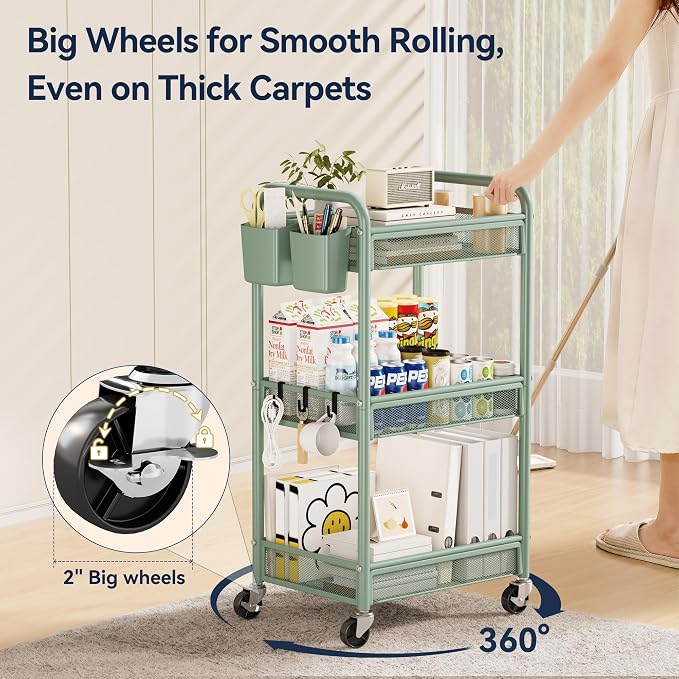 3 Tier Metal Rolling Cart, Green Utility Storage Cart with Wheels | Metal Mesh Craft Cart With Hooks & Hanging Cups, Ideal For Kitchen, Bathroom, Office, Dorm, Art Workspace, Bedside Storage
