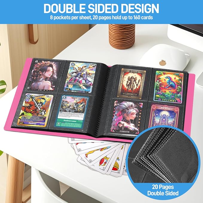 Card Binder, Upgraded 4 Pockets Trading Card Binder for Cards, Mini Collection Card Album, 160 Pockets Mini Card Book Holder - Rose red