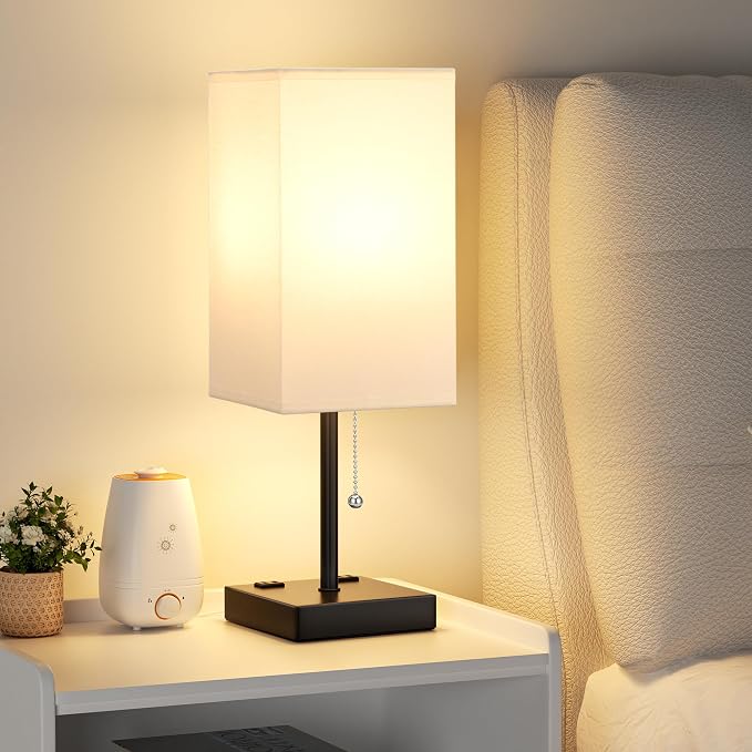aooshine 17.4" White Bedside Table Lamp for Bedroom - USB C+A, 2 AC Outlets | Pull Chain Lamp, 3 Color Modes(3000K/4000K/5000K), E26 LED Bulb Included, Square White Fabric Lampshade, for Read, Work, Dorm