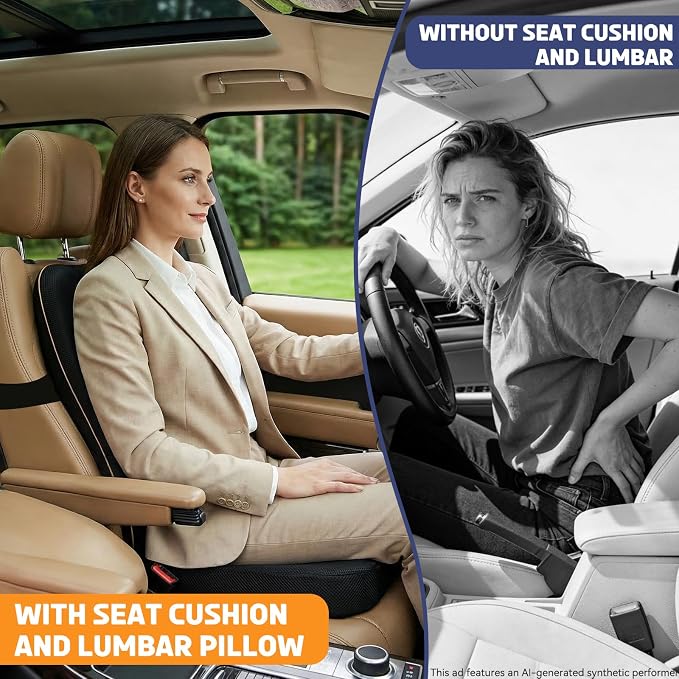 Car Seat Cushion with Lumbar Support, Memory Foam for Long Driving | 3D breathable mesh, 60D memory foam, non-slip base and adjustable strap; for cars, trucks, office and gaming chairs, black