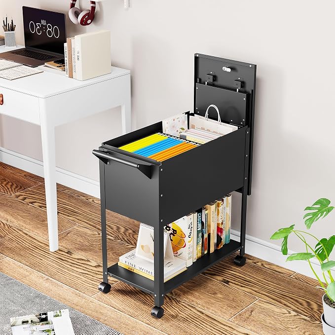 Rolling File Cart with Wheels Hanging Files,Rolling File Cabinet Organizer,Rolling Hanging File Folder Cart on Wheels,Metal Filing Cart,Fit A4/F4/Letter/Legal File for Home Office (Black)