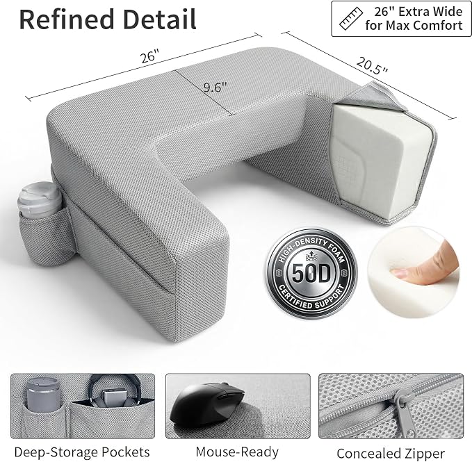 septsun Lap Desk Pillow, Large Ergonomic Couch and Bed Desk for Laptop | Gray Soft Foam Workstation for Gaming, Reading, WFH Fits 13-17" Laptop; Armrest Support, Smooth Mouse Area, Large Pockets