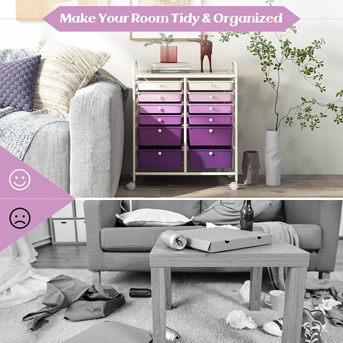 12 Drawer Rolling Storage Cart, Craft Cart Organizer on Wheels with Metal Frame, Large Capacity & Smooth Drawers for Living Room, Classroom, Office (Gradient Purple)