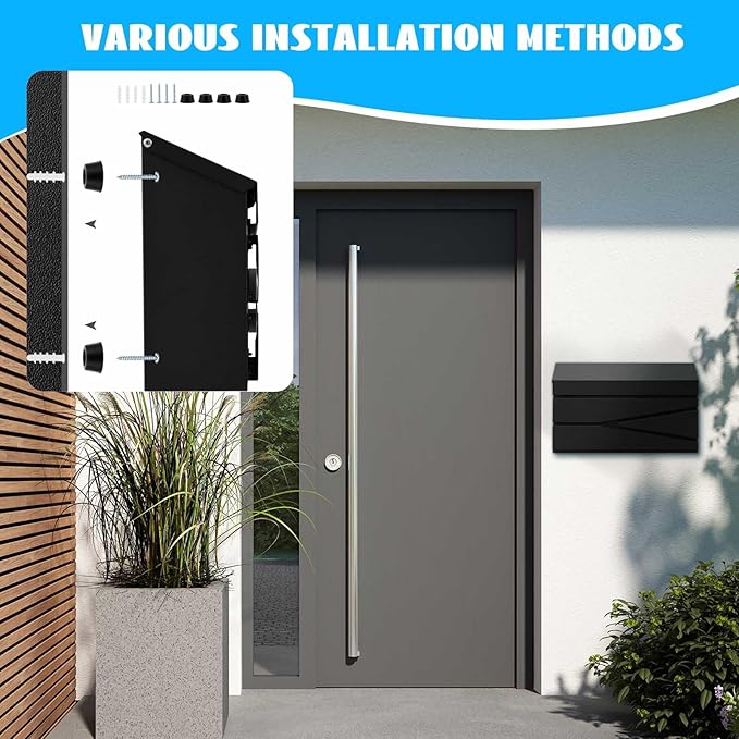 Yaocom Wall Mount Mailbox Large Capacity Mailbox for Outside Galvanized Steel Rustproof Metal Mail Drop Post Modern Black Collection Box Hanging Postbox 15.75" x 9.84" x 4.33" (No Keys Locking)