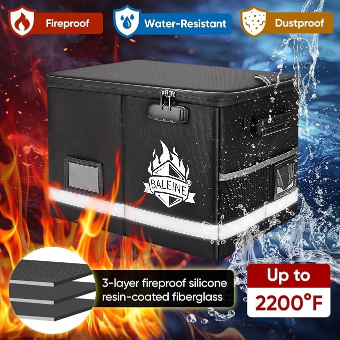 BALEINE Fireproof Document Box with Lock, Portable Fireproof Document Bag Waterproof Fire Proof File Boxes for Documents, File Organizer Box for Important Paperwork (Black, 16''x12.5''x11.5'')