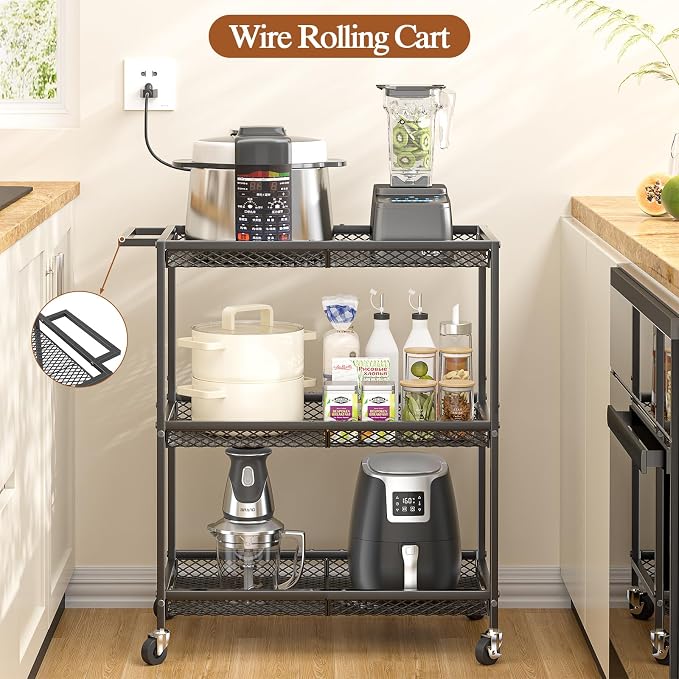 3 Tier Rolling Utility Kitchen Cart, Heavy Duty Wire Rolling Cart on Wheels, Commercial Metal Serving Carts with Handle, Kitchen Island Plant Shelf Food Storage Trolley for Laundry, Office, Garage