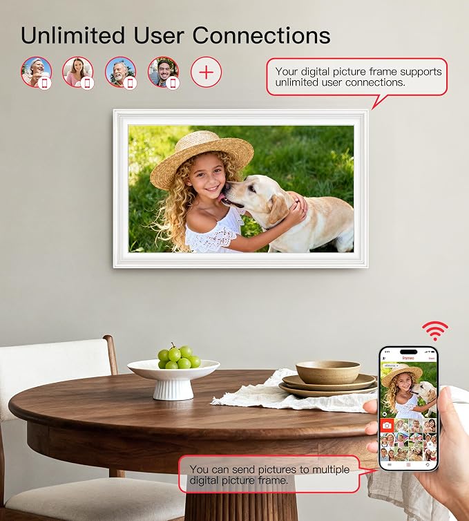 64GB Frameo 15.6" Digital Picture Frame Large 1920 x 1080 IPS FHD Touch Screen WiFi Electronic Photo Frames Share Moments Instantly Anywhere Best Gifts for Parents and Grandparents White