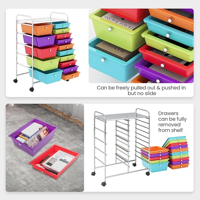 BECOMFORT 15-Drawer Rolling Cart with Drawers, Storage Cart on Wheels, Teacher Classroom Organizers with Metal Frame, Mobile Craft Cart for Tools, Trolley Utility Cart for School Office Play Room