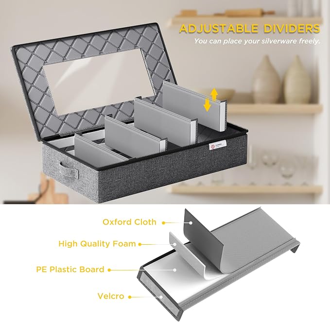YearningHome Silverware Storage Box,Hard Shell Flatware Organizer with Lid and Zipper,Utensil Storage with Clear Window and adjustable Divider for Spoons,Forks.Knives,Grey