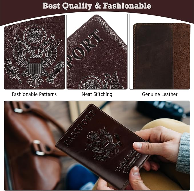 US Leather Passport Book Cover - Thin American Travel Passport Holder - Premium International USA Passport Protector Case for Women Men (Glossy Brown)
